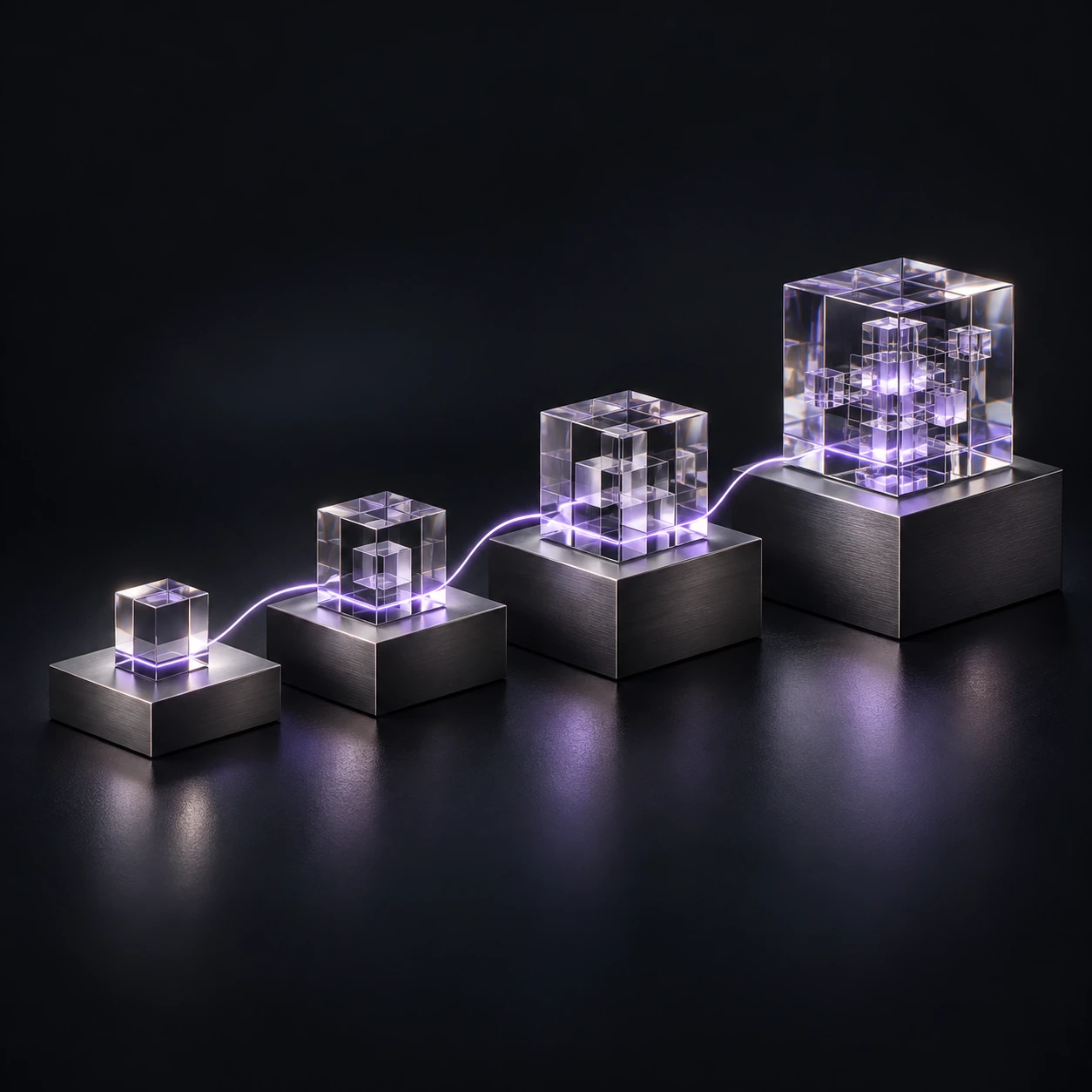 Four progressively larger platforms with glass evidence blocks follow a connected path, illustrating engagement stages.