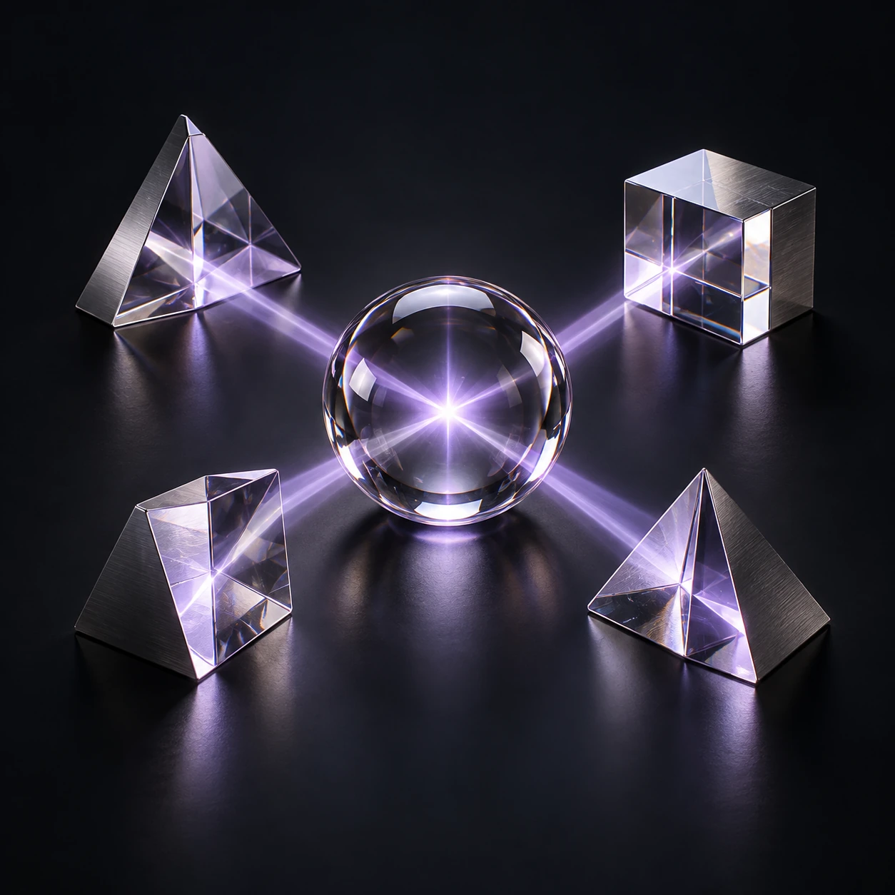 Four optical prisms focus violet beams into a central glass sphere, illustrating connected expertise.