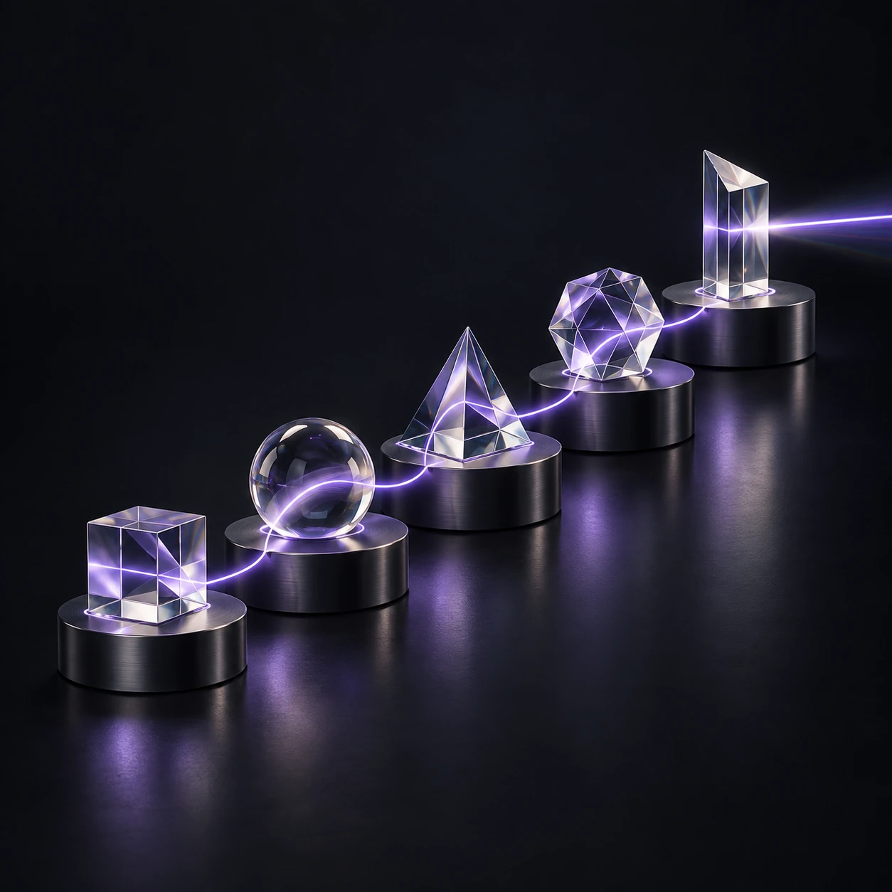 Five optical glass forms on connected platforms illustrate successive stages of evidence review.