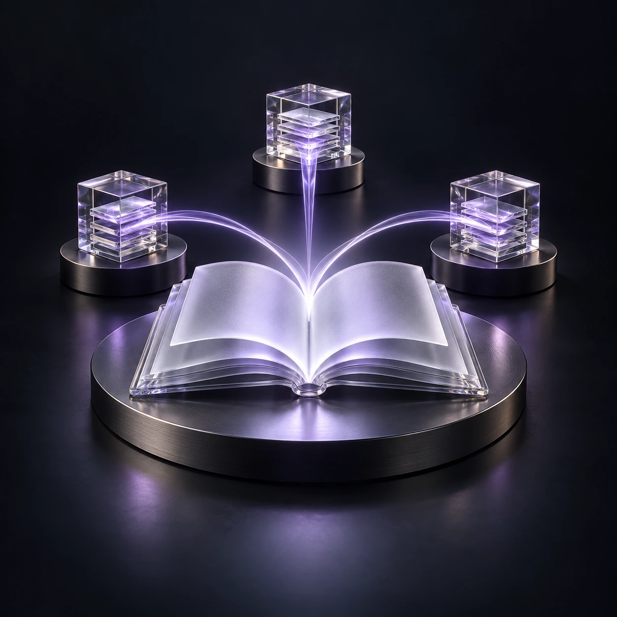 An open glass research folio connects three record blocks through violet strands, illustrating study understanding.