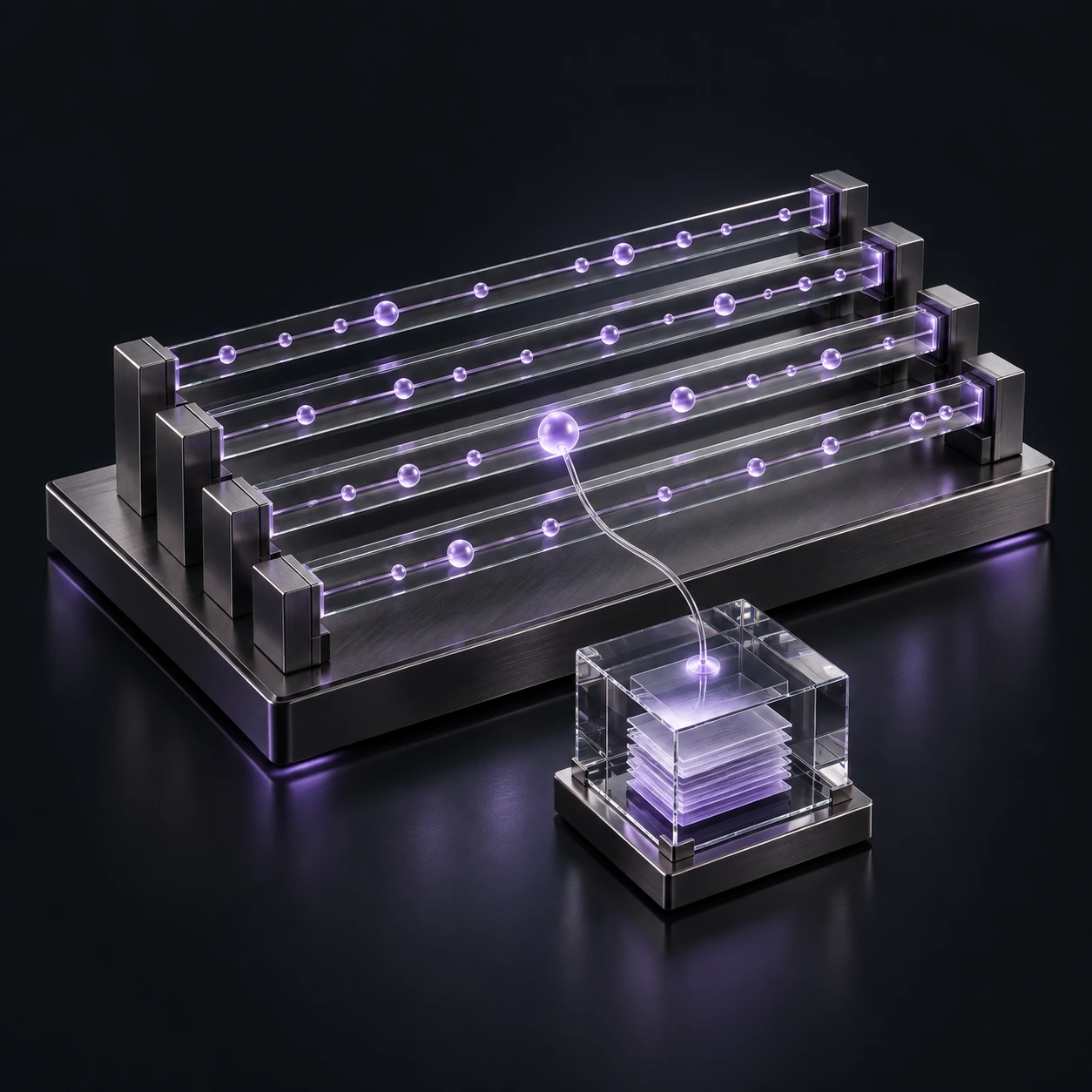 Parallel glass timeline rails carry violet event markers, with a highlighted event linked to an archival block.