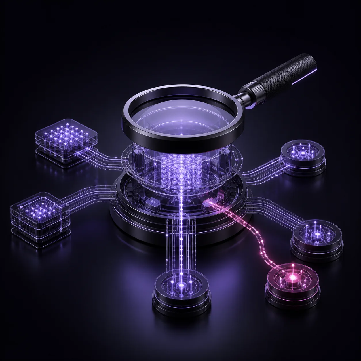 An audit lens trained on a model core, tracing back through evaluation data, oversight, and monitoring, with one deviating signal marked.