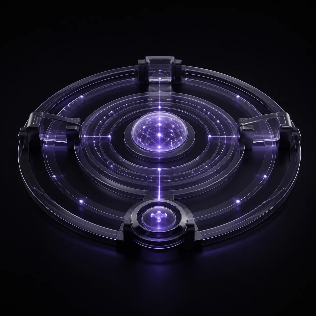 Concentric governance rings around an AI core, with approval gates on the outer ring and a marked human-oversight node linked to the centre.