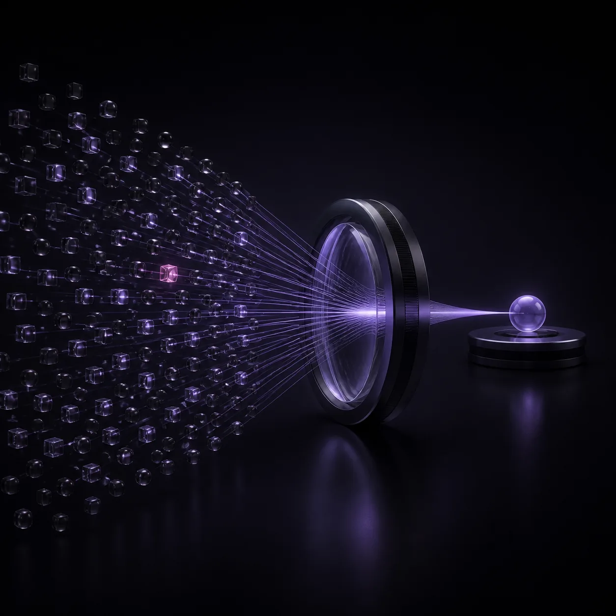 A wide field of evidence points converging through a focusing lens into a single conclusion node, with one sample marked as a finding.