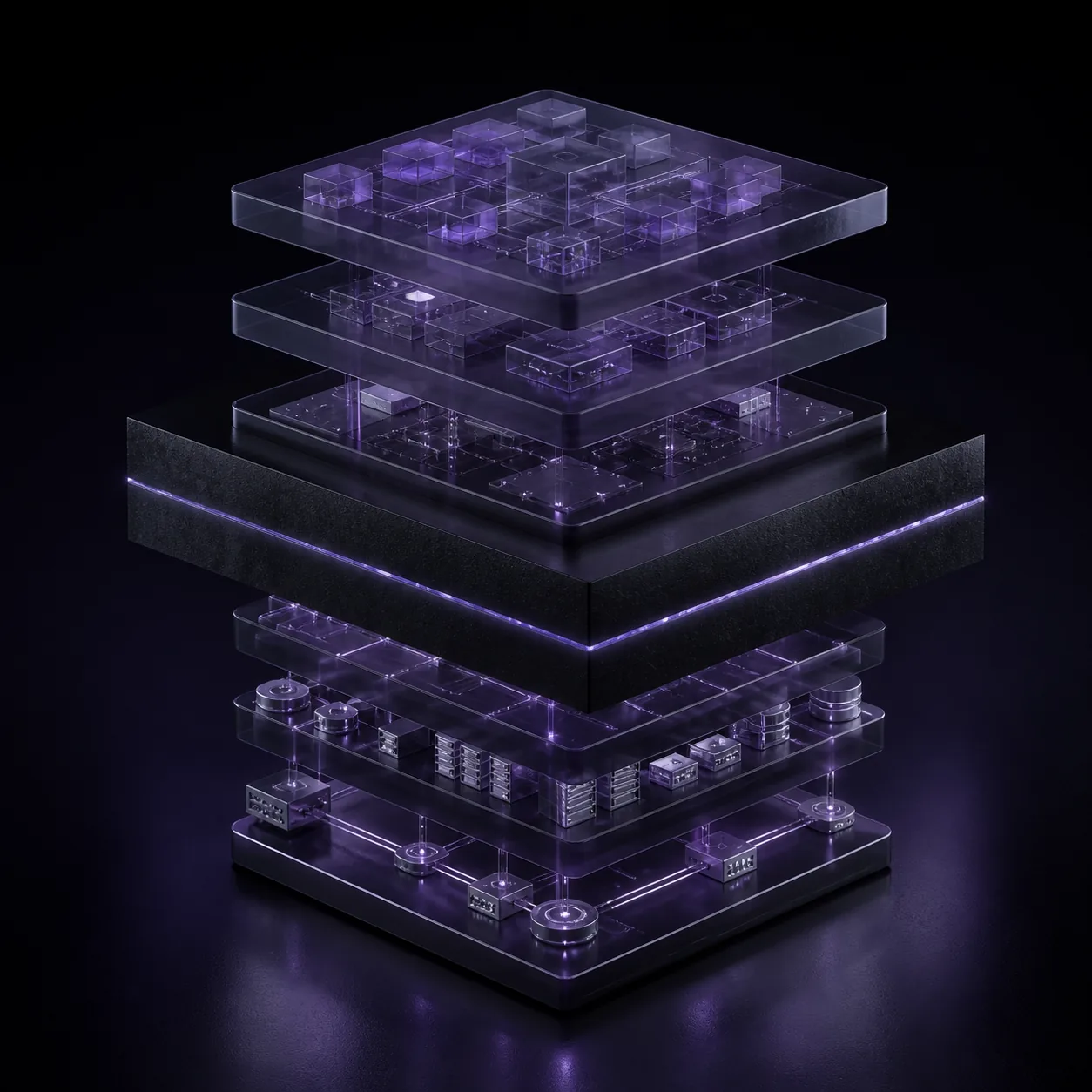 Stacked isometric infrastructure layers from network and compute up to platform and application, divided by a shared-responsibility boundary line.