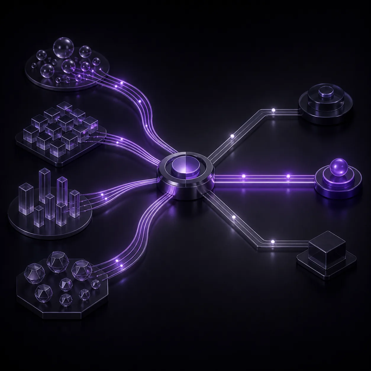 Four streams of evidence converging on a single decision node, from which three weighted paths diverge and one is lit and marked with an owner.