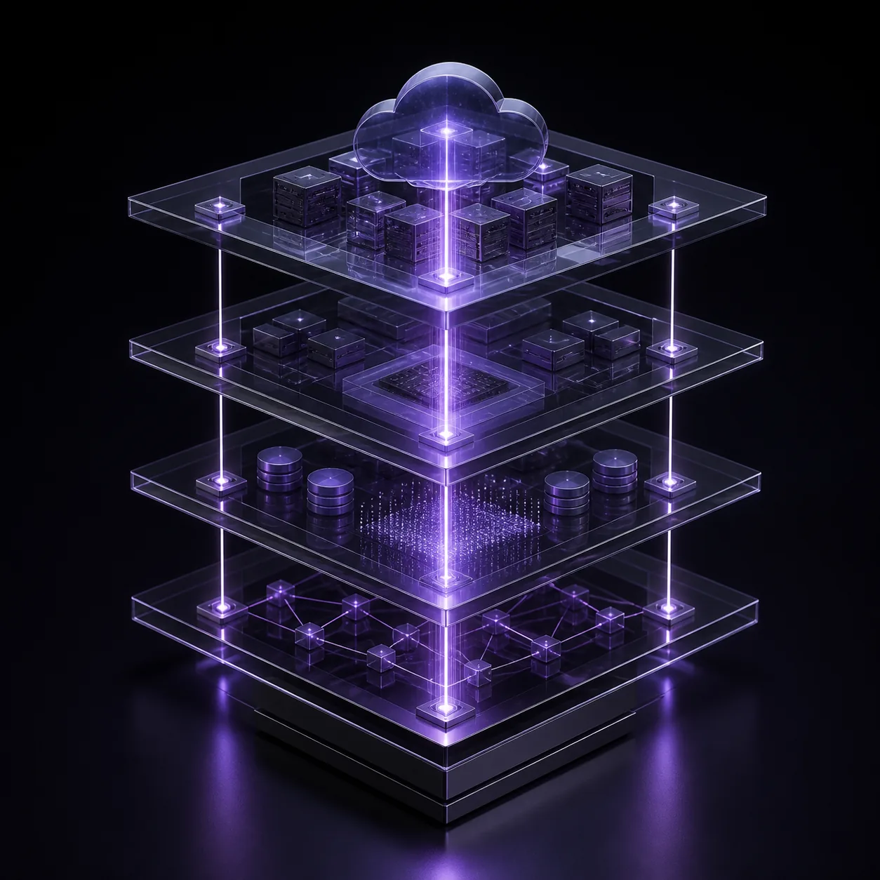 Isometric layered planes representing data, platform, and integration tiers, connected by light beams to clustered service nodes.