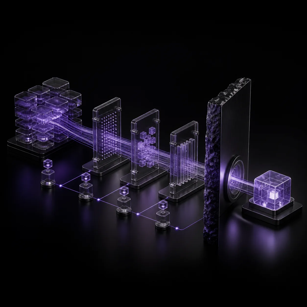 A data path traced from source records through transformation gates to a reported result, crossing a dashed ownership boundary with checkpoints marked along the way.