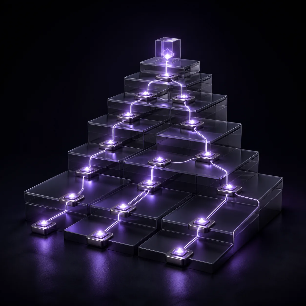 An ascending lattice of stepped platforms with rising nodes and connecting arcs, representing role-based capability building.