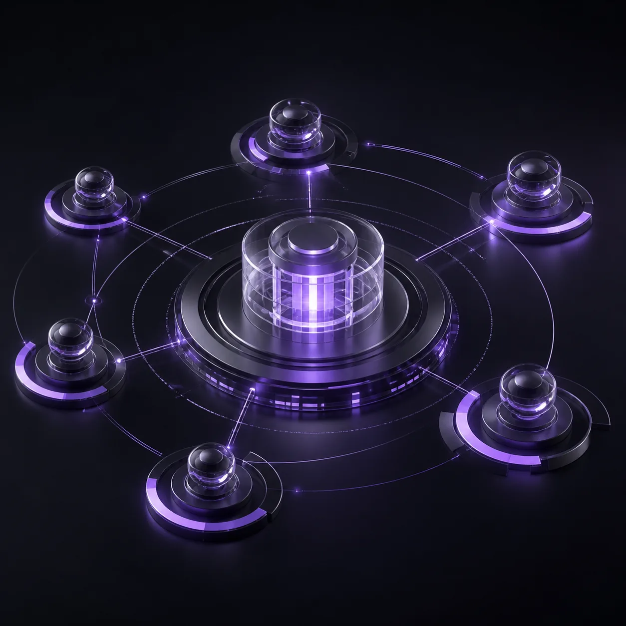 A central accountable organization with supplier nodes orbiting at different risk-tier distances, surrounded by performance indicator arcs.