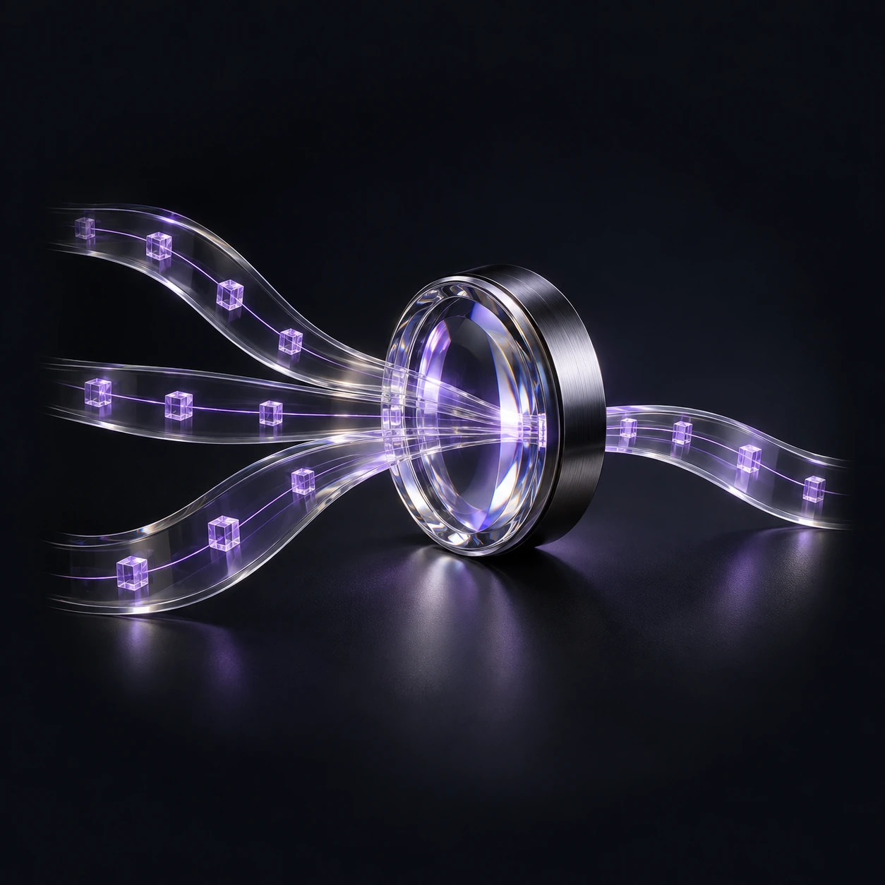 Glass evidence ribbons from three sources converge through an optical lens into one ordered timeline.