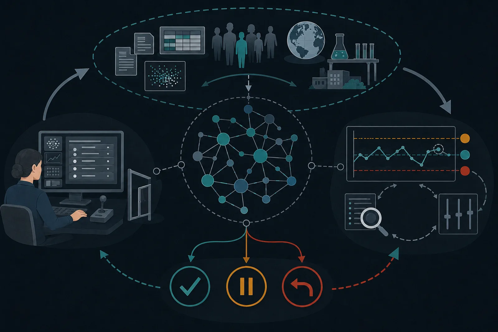 Context, human intervention, monitoring, and controlled action form a continuous assurance loop around an AI-enabled system.