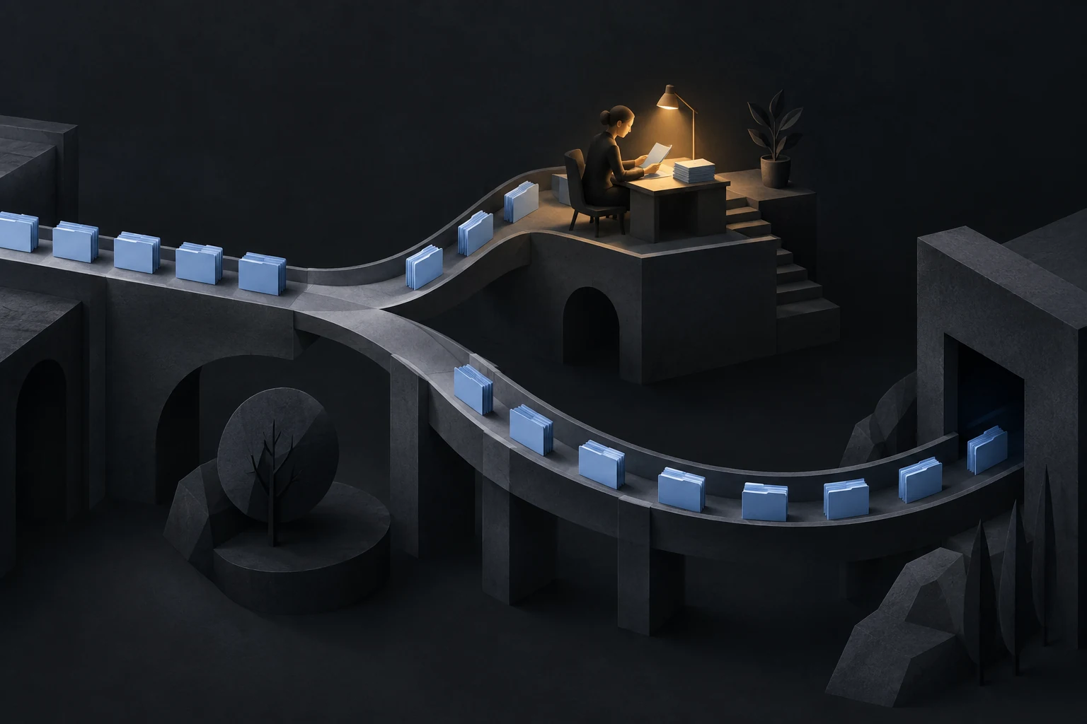 Blue case folders follow a split pathway: one route reaches a reviewer under a desk lamp, while the other bypasses the desk and enters a dark opening.