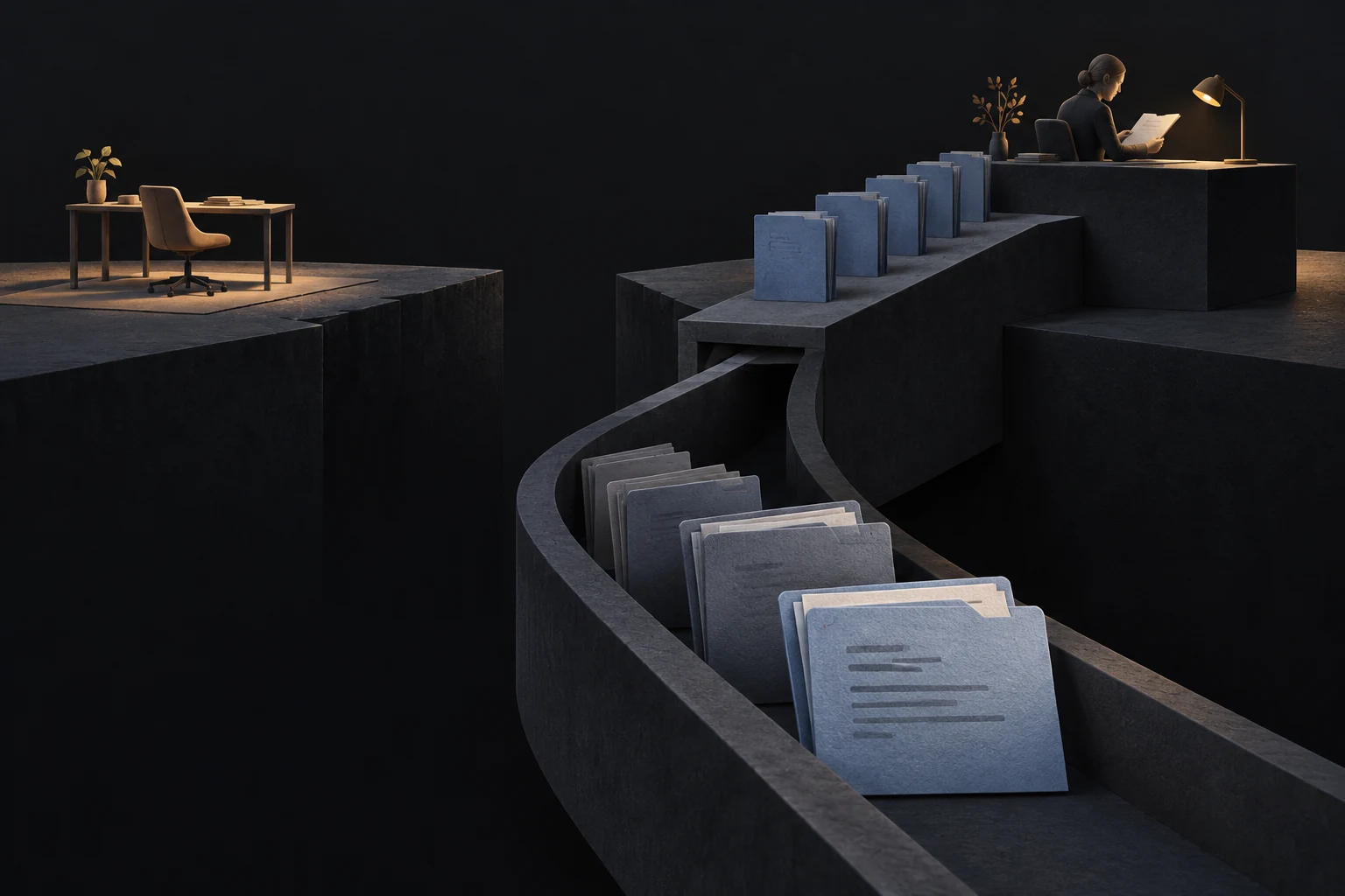 Application folders pass through a dark channel below a reviewer; across a wide gap, an empty desk and chair suggest a job opportunity that cannot be observed.