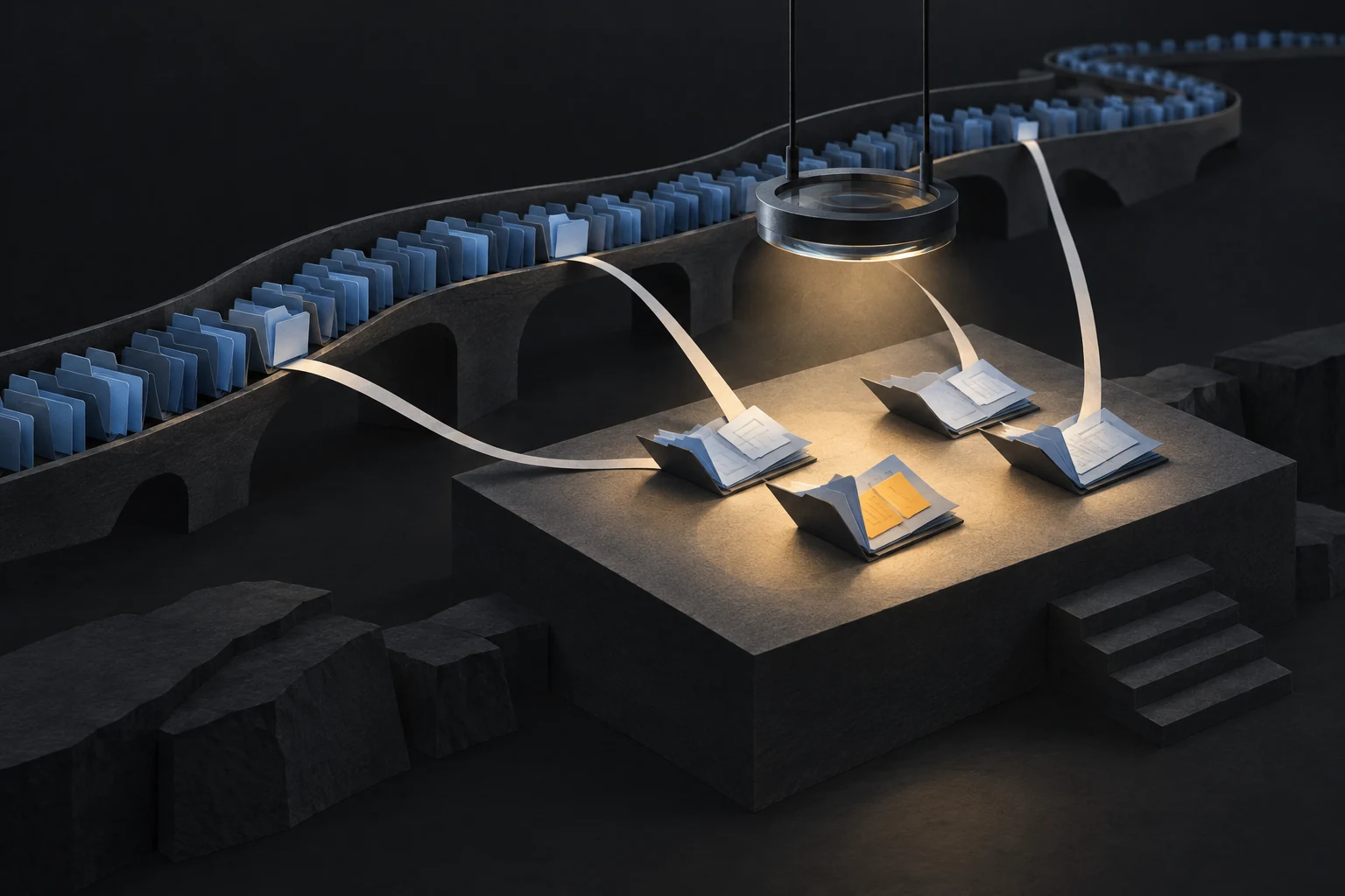 Selected folders from separated points in a large stream connect to an illuminated examination table, where one open folder has an amber insert.