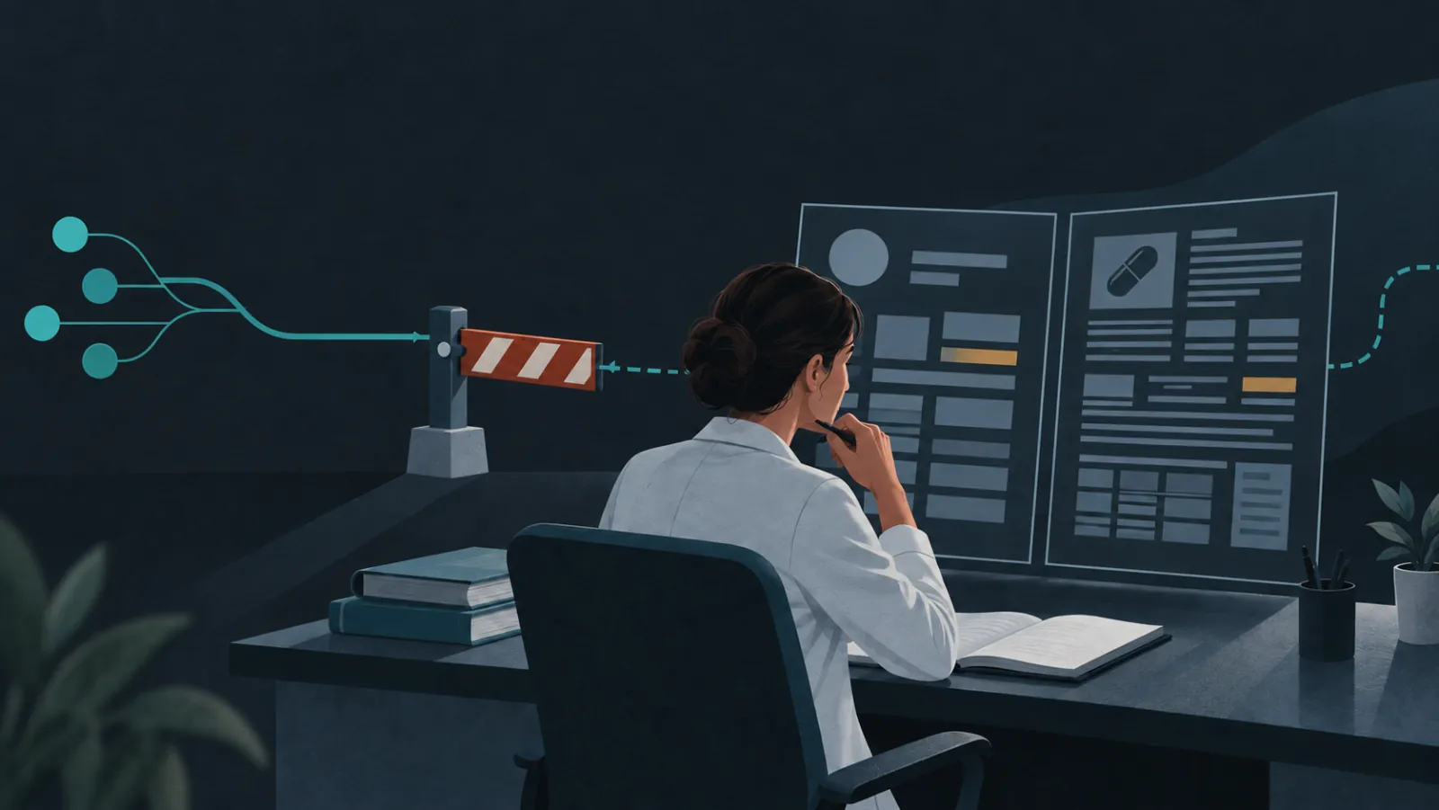 A reviewer compares an AI-generated proposal with source evidence while the decision remains held at a gate.