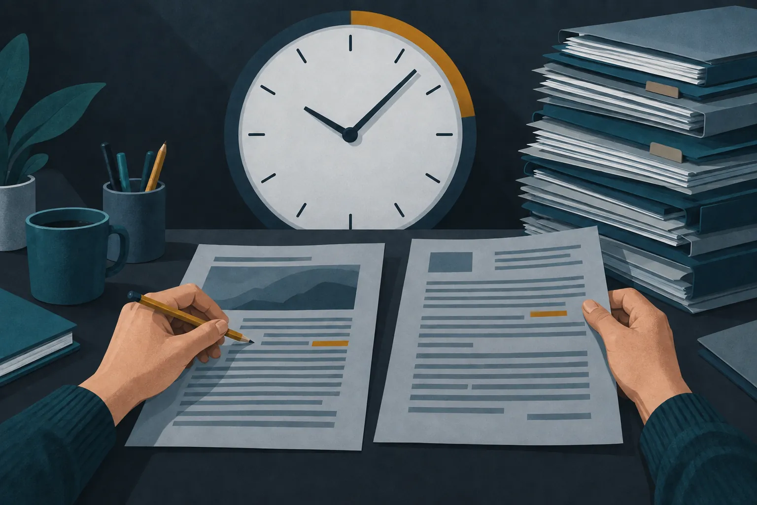 A reviewer compares two documents beside a large clock and a stack of files waiting for review.